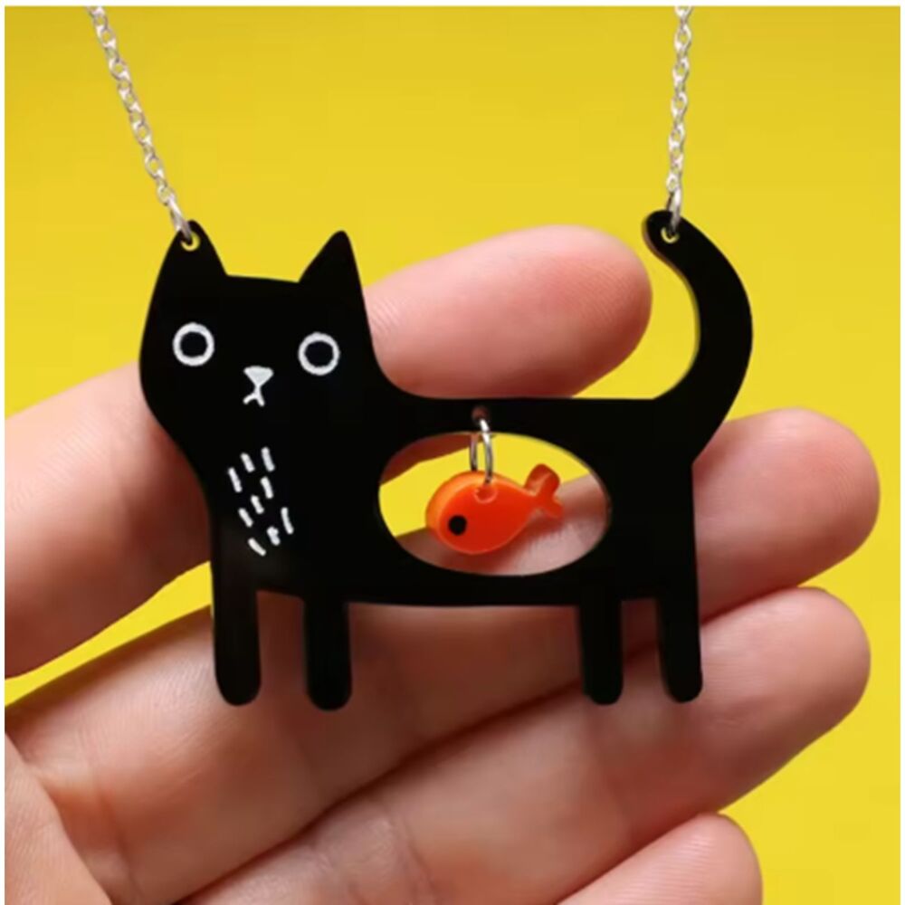 Black Cat With Goldfish Dangling in Tummy Necklace